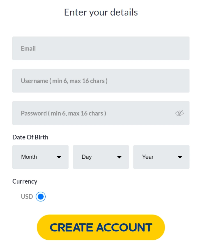 Yabby Casino registration interface